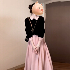 批发粉色背心<b class='q'>连衣裙</b>子女秋冬季穿搭一整套小香富家千金高级感套装<b class='q'>长裙</b>