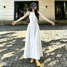 批发韩系温柔风白色连衣裙子女夏季圆领无袖背心收腰显瘦垂感a字长裙
