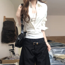 批发韩系白色假两件防晒衬衫女夏季设计感小个子收腰显瘦衬衣外套上衣