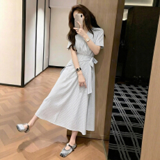 批发法式独特漂亮气质纯色短袖<b class='q'>连衣</b>裙子女2026夏季新款掐腰显瘦<b class='q'>长裙</b>