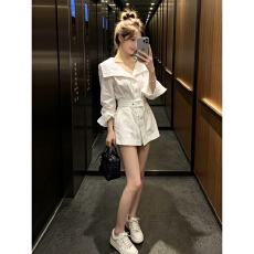 批发淡人高智感<b class='q'>白色</b>翻领衬衫连衣裙子女夏日绝美气质收腰显瘦a字短裙