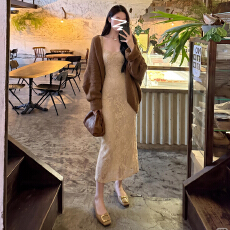 批发蕾丝吊带连衣裙子女秋冬季2026新款轻熟穿搭开衫毛衣长裙套装