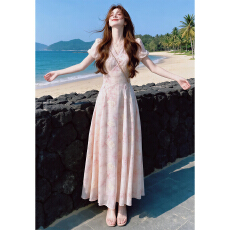 批发法式气质粉色碎花连衣裙子女夏季2026新款海边度假高级感收腰长裙