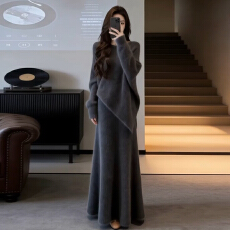 批发2026新款灰色针织毛衣套装内搭<b class='q'>连衣裙</b>子女秋冬重要场合漂亮两件套
