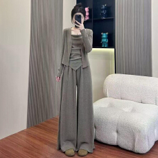 批发韩系巨好看穿搭一整套早秋2026新款灰色<b class='q'>长袖</b>上衣女阔腿<b class='q'>裤</b><b class='q'>三件套</b><b class='q'>装</b>