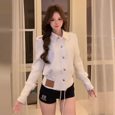 批发韩系穿搭白色立领外套女<b class='q'>春</b>秋季2025新款宽松显瘦休闲短款夹克上衣