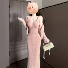 批发法式温柔粉色针织<b class='q'>连衣裙</b>子女2025新款秋冬穿搭巨好看包臀长裙套装