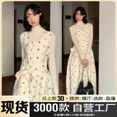 2025新款温柔风内搭高领长袖碎花连衣裙子秋冬季收腰绑带长裙套装