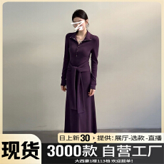 批发法式高级感紫色长袖<b class='q'>连衣裙</b>子女秋季爆款独特漂亮收腰显瘦气质长裙