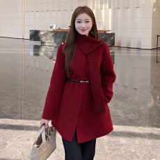 批发新年战袍红色毛呢外套女冬季2026新款中长款系带腰带保暖大衣新年