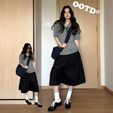 批发灰色polo领正肩短袖t恤女夏季2025新款爆款宽松慵懒风超好看上衣