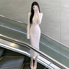 批发2026新款纯欲风长袖连衣裙子女春季性感辣妹内搭打底<b class='q'>修身</b>包臀长裙