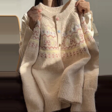 批发费尔岛粉色毛衣外套女秋冬季2026新款慵懒风软糯宽松针织开衫上衣