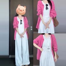 批发2025新款玫红色针织开衫外套女春秋薄款小香风毛衣早秋慵懒风上衣