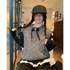 批发小个子甜美风灰色针织马甲女春圆领蝴蝶结叠穿背心设计感毛衣上衣