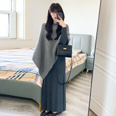 批发慵懒风灰色斗篷毛衣<b class='q'>连衣裙</b>子女2025新款秋<b class='q'>冬季</b>高级感穿搭长裙套装