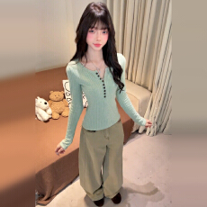 批发韩系薄荷绿纽扣v领长袖针织衫女秋冬修身巨好看内搭打底<b class='q'>毛衣</b>上衣