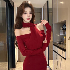 批发法式红色一字肩长袖<b class='q'>连衣裙</b>女春季2026新款性感修身显瘦包臀短裙