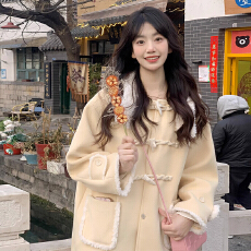 批发韩系牛角扣呢子大衣女秋冬季2025新款高级感仿羊羔毛呢外套<b class='q'>中长款</b>