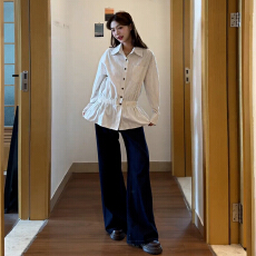 批发2026新款韩系条纹白色长袖衬衫外套女春季衬衣内搭设计感收腰上衣