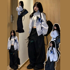 批发美式复古胸花外套女春秋季2026新款设计感学院风宽松条纹夹克上衣