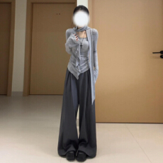 批发巨好看韩系穿搭一整套早春2026新款灰色<b class='q'>长袖</b>上衣女阔腿裤两件套装