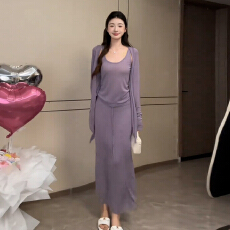 批发2026新款韩系高级感开衫搭配一整套<b class='q'>连衣裙</b>子女早春季紫色套装长裙