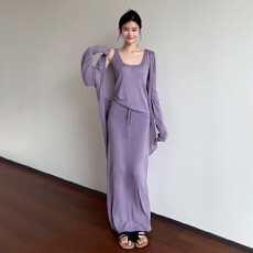 批发2026新款韩系高级感开衫搭配一整套<b class='q'>连衣裙</b>子女早春季紫色套装长裙