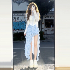 批发早春季法式蓝色连衣裙子女2026新款小个子绝美穿搭不规则<b class='q'>长裙</b>套装