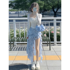 批发早春季法式蓝色连衣裙子女2026新款小个子绝美穿搭不规则<b class='q'>长裙</b>套装