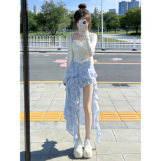 批发早春季法式蓝色连衣裙子女2026新款小个子绝美穿搭不规则<b class='q'>长裙</b>套装