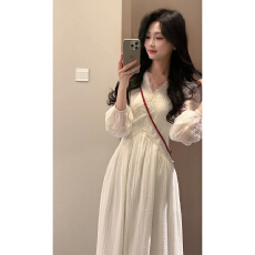 批发法式温柔长款V领蕾丝连衣裙女春内搭长袖裙子<b class='q'>白色</b>设计感<b class='q'>长裙</b>气质