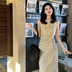 批发波点无袖背心裙连衣裙子夏季独特收腰法式小众修身千金风气质长裙