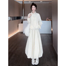 批发独特漂亮慵懒日系甜美风白色<b class='q'>连衣</b>裙女春<b class='q'>长袖</b>高腰防晒松弛感两件套