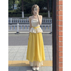 批发2026新款巨好看初夏漂亮一整套黄色连衣<b class='q'>裙</b>子女抹胸<b class='q'>花苞</b>套装长<b class='q'>裙</b><b class='q'>春</b>