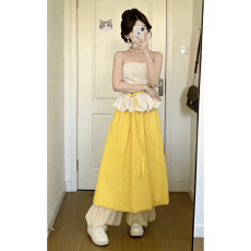 批发2026新款巨好看初夏漂亮一整套黄色连衣<b class='q'>裙</b>子女抹胸<b class='q'>花苞</b>套装长<b class='q'>裙</b><b class='q'>春</b>