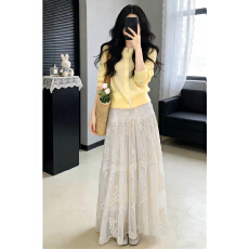 批发巨好看的杏色蕾丝半身裙女夏季miu里miu气独特漂亮蛋糕长裙子套装