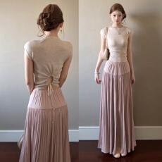 批发温柔风修身短袖上衣女夏季新款气质显瘦粉色高腰压褶半身裙两件套