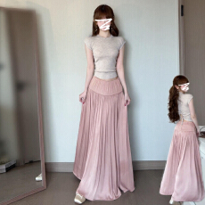 温柔风修身短袖上衣女夏季新款气质显瘦粉色高腰压褶半身裙两件套