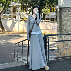 批发慵懒风灰色<b class='q'>连衣裙</b>子女2026早春新款<b class='q'>卫衣</b>韩系长裙套装开春气质穿搭