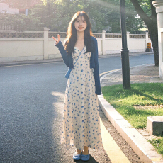 2026新款克莱因蓝色碎花吊带连衣裙子女早春季韩系氛围感套装长裙