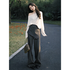 韩系巨好看穿搭一整套白色斜肩上衣阔腿裤两件套装女春季2026新款