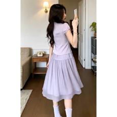 批发蕾丝紫色收腰显瘦套装长裙女夏季2026新款独特漂亮减龄一整套穿搭