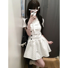 批发miu系穿搭白色<b class='q'>波点</b><b class='q'>连衣裙</b>子女夏季2026新款千金感绝美收腰a字短裙