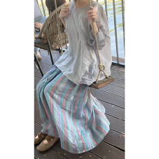批发法式慵懒风休闲穿搭一整<b class='q'>套装</b>女夏季防晒衬衫上衣条纹半身裙两件套