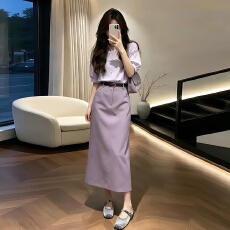 批发韩系高级感通勤穿搭一整套<b class='q'>连衣裙</b>子女夏季紫色<b class='q'>衬衫</b>高腰半身裙套装