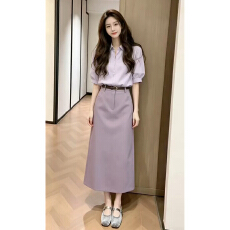 批发韩系高级感通勤穿搭一整套<b class='q'>连衣裙</b>子女夏季紫色<b class='q'>衬衫</b>高腰半身裙套装