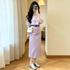 批发韩系高级感通勤穿搭一整套<b class='q'>连衣裙</b>子女夏季紫色<b class='q'>衬衫</b>高腰半身裙套装