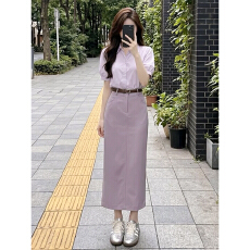 批发韩系高级感通勤穿搭一整套<b class='q'>连衣裙</b>子女夏季紫色<b class='q'>衬衫</b>高腰半身裙套装