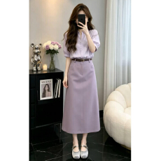 批发韩系高级感通勤穿搭一整套<b class='q'>连衣裙</b>子女夏季紫色<b class='q'>衬衫</b>高腰半身裙套装
